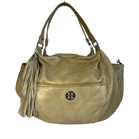 Tory Burch Gold Leather Oversized Dean Hobo Bag Purse Large Metallic Tassel Gold - Picture 1 of 16
